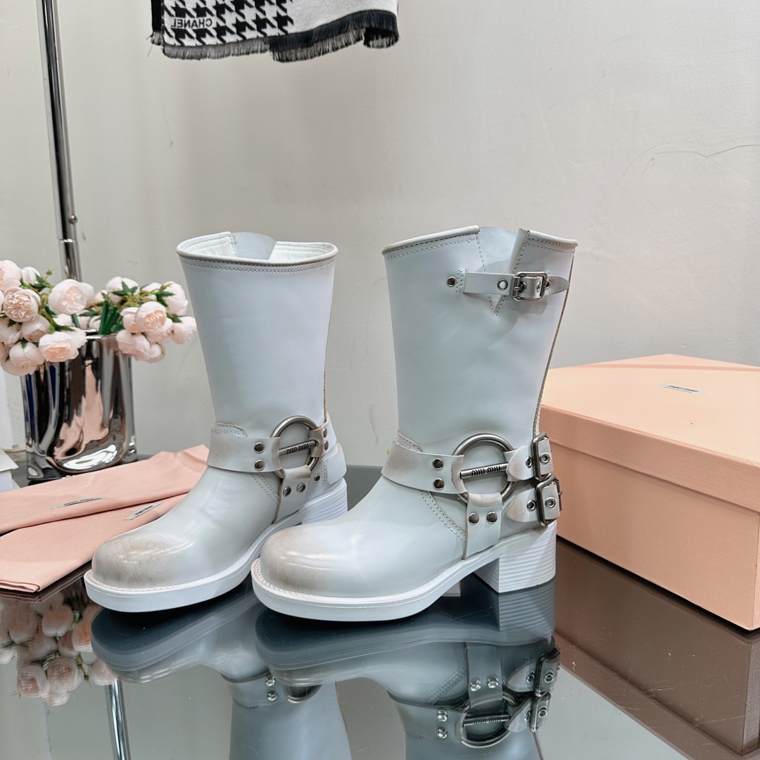 [TOP] Miu Miu Retro Western Catwalk Motorcycle Middle Boots - 3 Colors - Waxed Calfskin with 1 Buckle