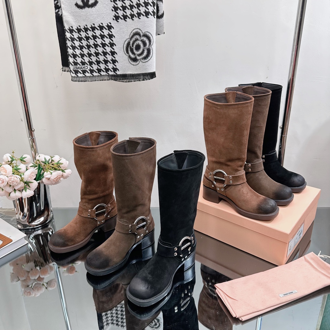 [TOP] Miu Miu Retro Western Catwalk Motorcycle High Boots - 3 Colors - Suede with 1 Buckle