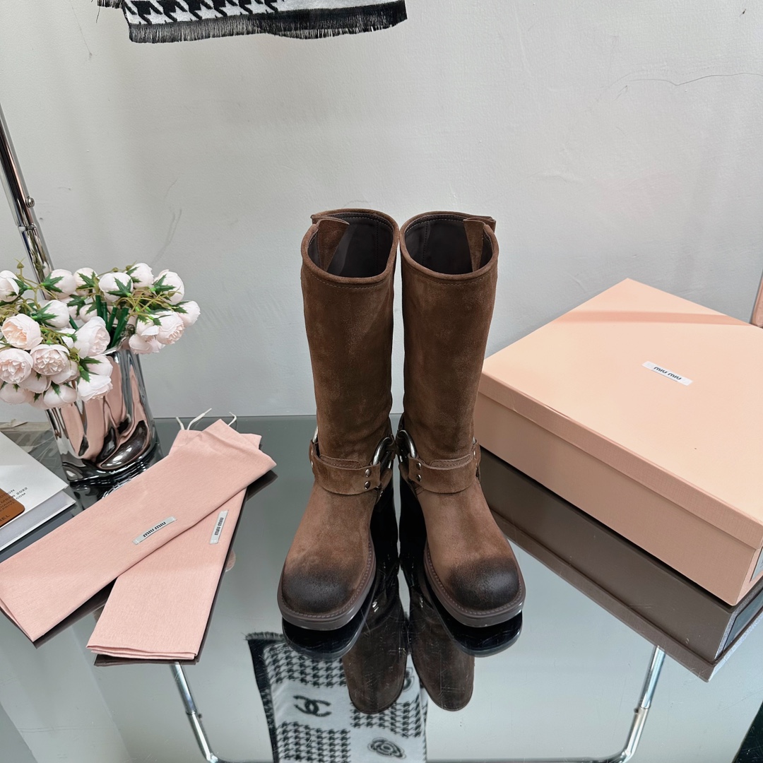 [TOP] Miu Miu Retro Western Catwalk Motorcycle High Boots - 3 Colors - Suede with 1 Buckle