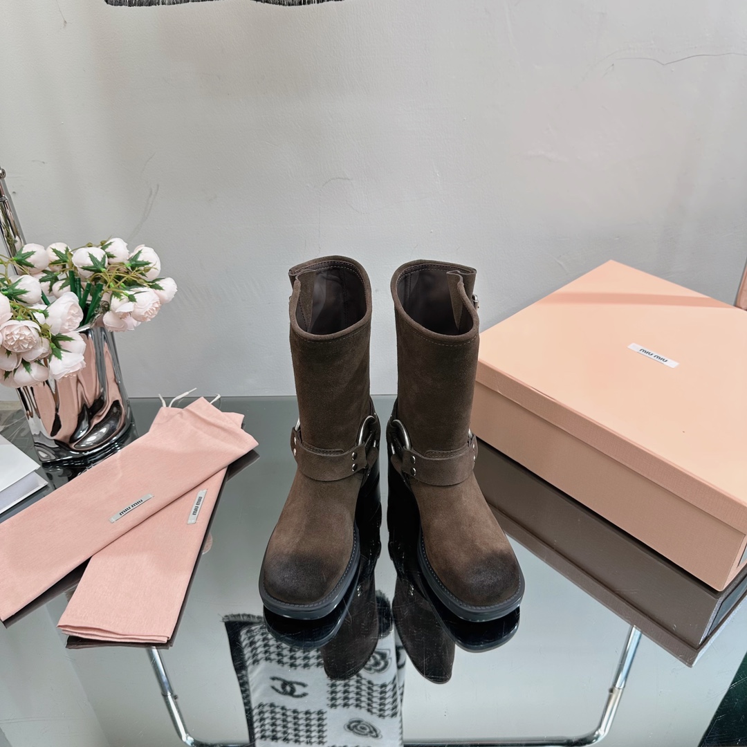 [TOP] Miu Miu Retro Western Catwalk Motorcycle Middle Boots - 3 Colors - Suede with 1 Buckle