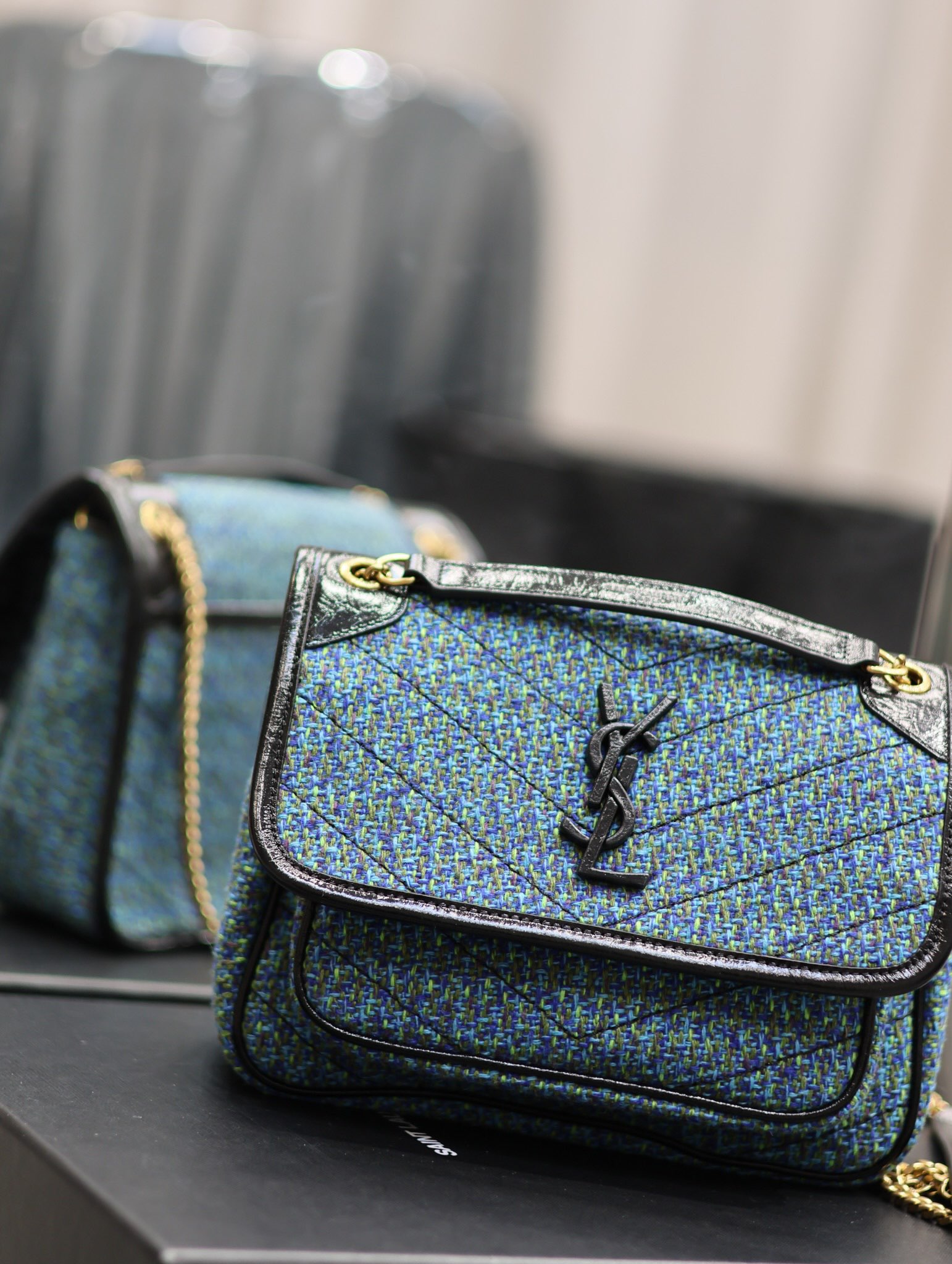 [TOP] Yves Saint Laurent YSL Niki Tweed with Leather Bag - Blue Tweed