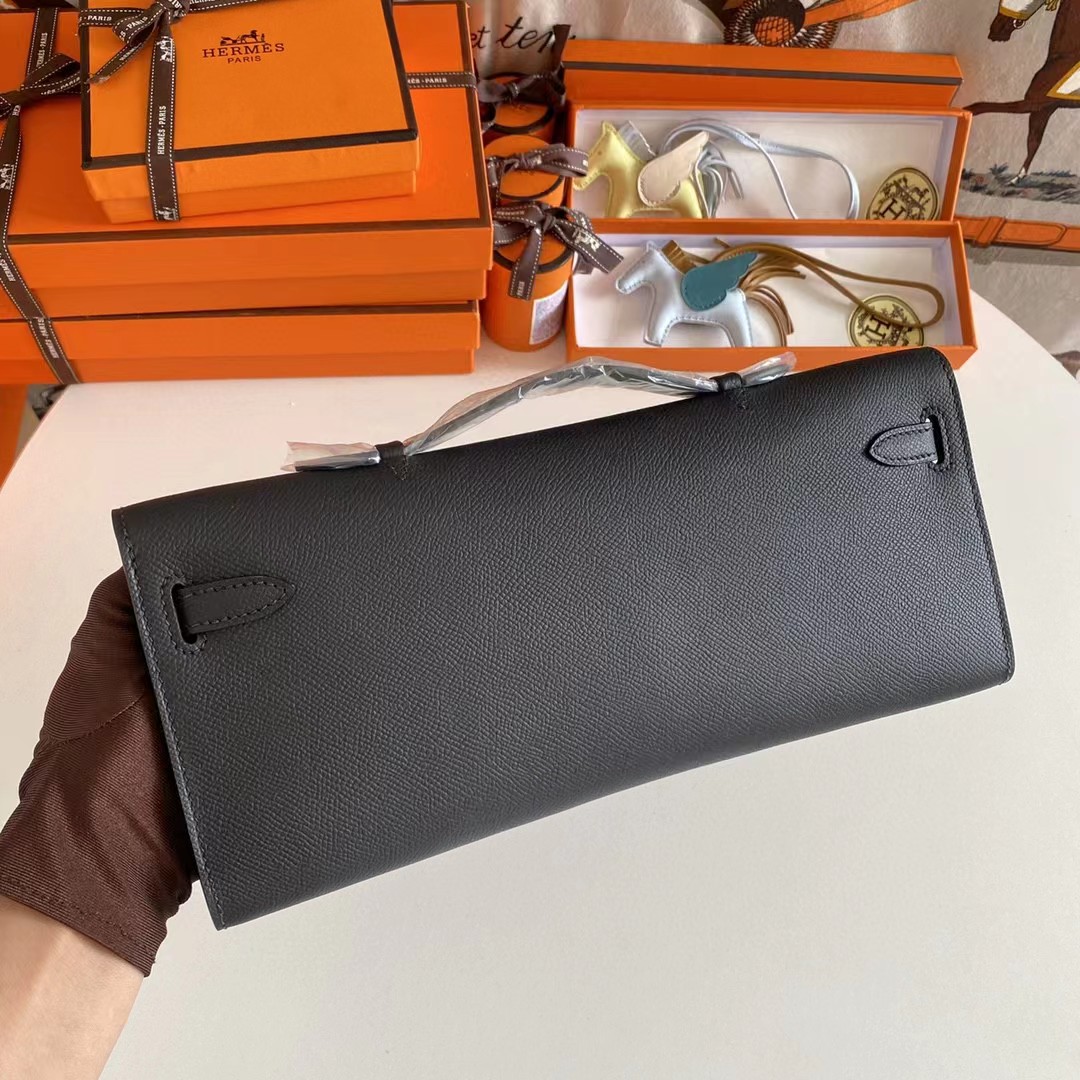 [TOP] HERMES Kelly Cut Epsom Leather 31 x 13 x 2.5cm - Black & SHW