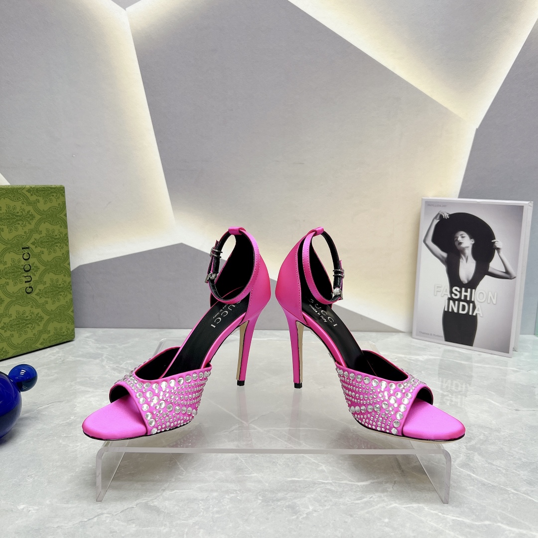 [TOP] GUCCI Round -Headed Silk Hot Drill High -Heeled Sandals - 6 Colors