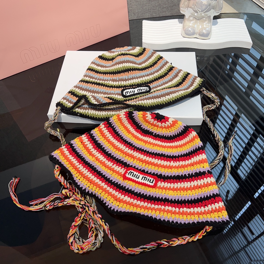 [TOP] Miu Miu Strappy stripe knitted fisherman hat woman autumn and winter 2color