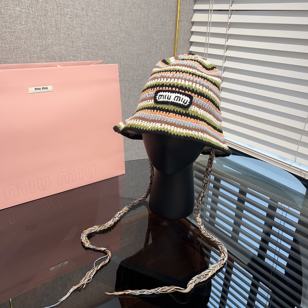 [TOP] Miu Miu Strappy stripe knitted fisherman hat woman autumn and winter 2color
