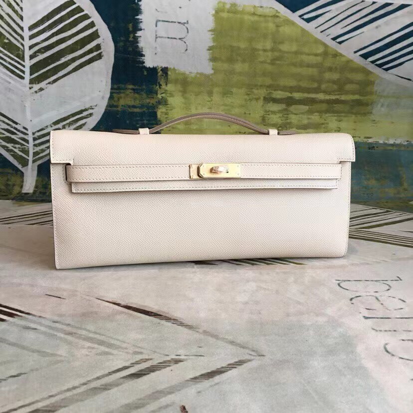 [TOP] HERMES Kelly Cut Elan 31 Clutch - White & SHW