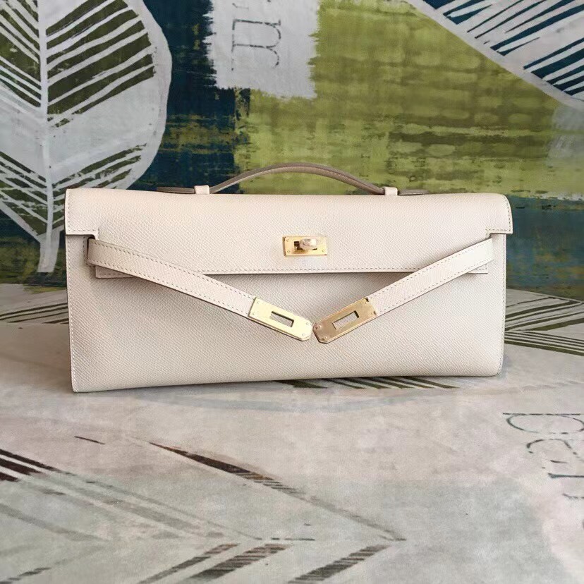[TOP] HERMES Kelly Cut Elan 31 Clutch - White & SHW