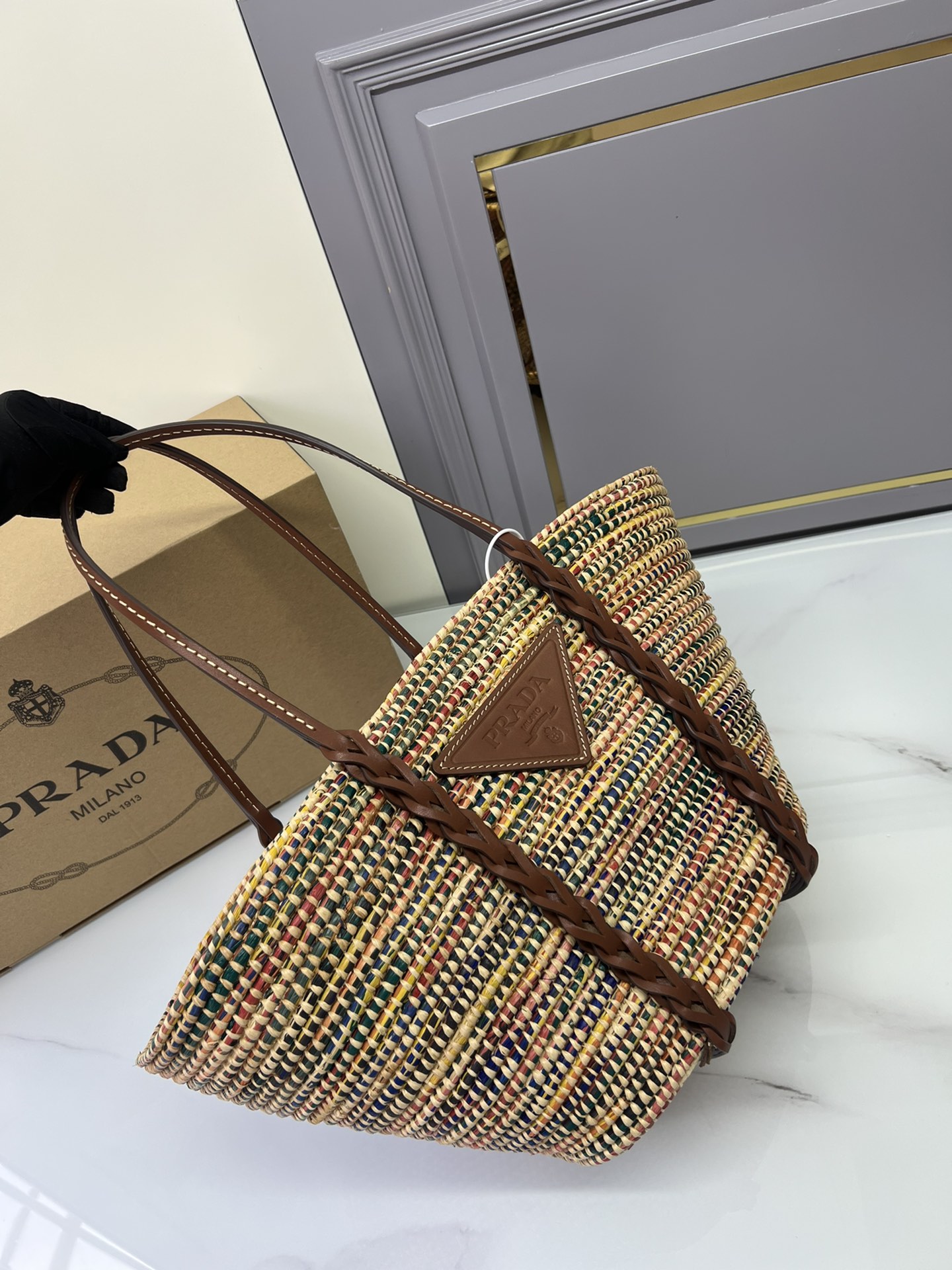 [Top] PRADA Corn Cob Shoulder Strap Straw Bag 25×25-50×16 cm - Black