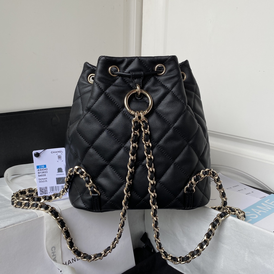 [TOP] CHANEL New 23B Cowhide Backpack Bag 22X21X13cm - Black