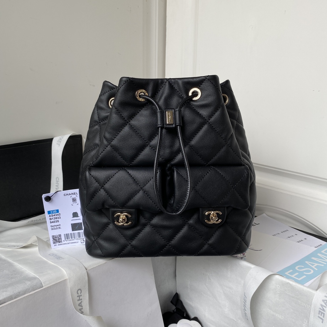 [TOP] CHANEL New 23B Cowhide Backpack Bag 22X21X13cm - Black
