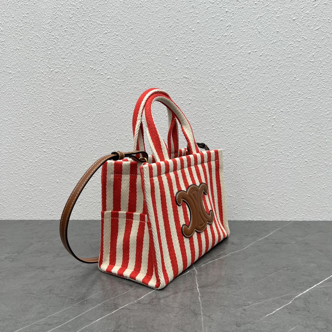 [TOP] CELINE Red and White Stripes base Arc de Triomphe Logo Bag 28x19x13 CM - Weaving Red