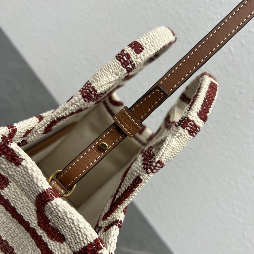 [TOP] CELINE CE New Fabric Tote Large Gap Stripes Bag 26×19×13 cm - Weaving Red