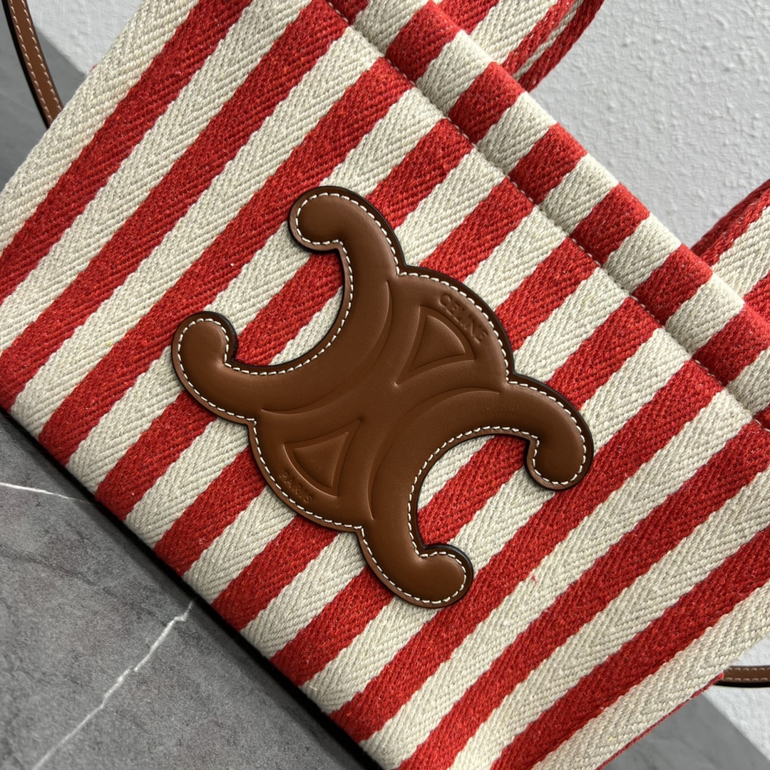 [TOP] CELINE Red and White Stripes base Arc de Triomphe Logo Bag 28x19x13 CM - Weaving Red