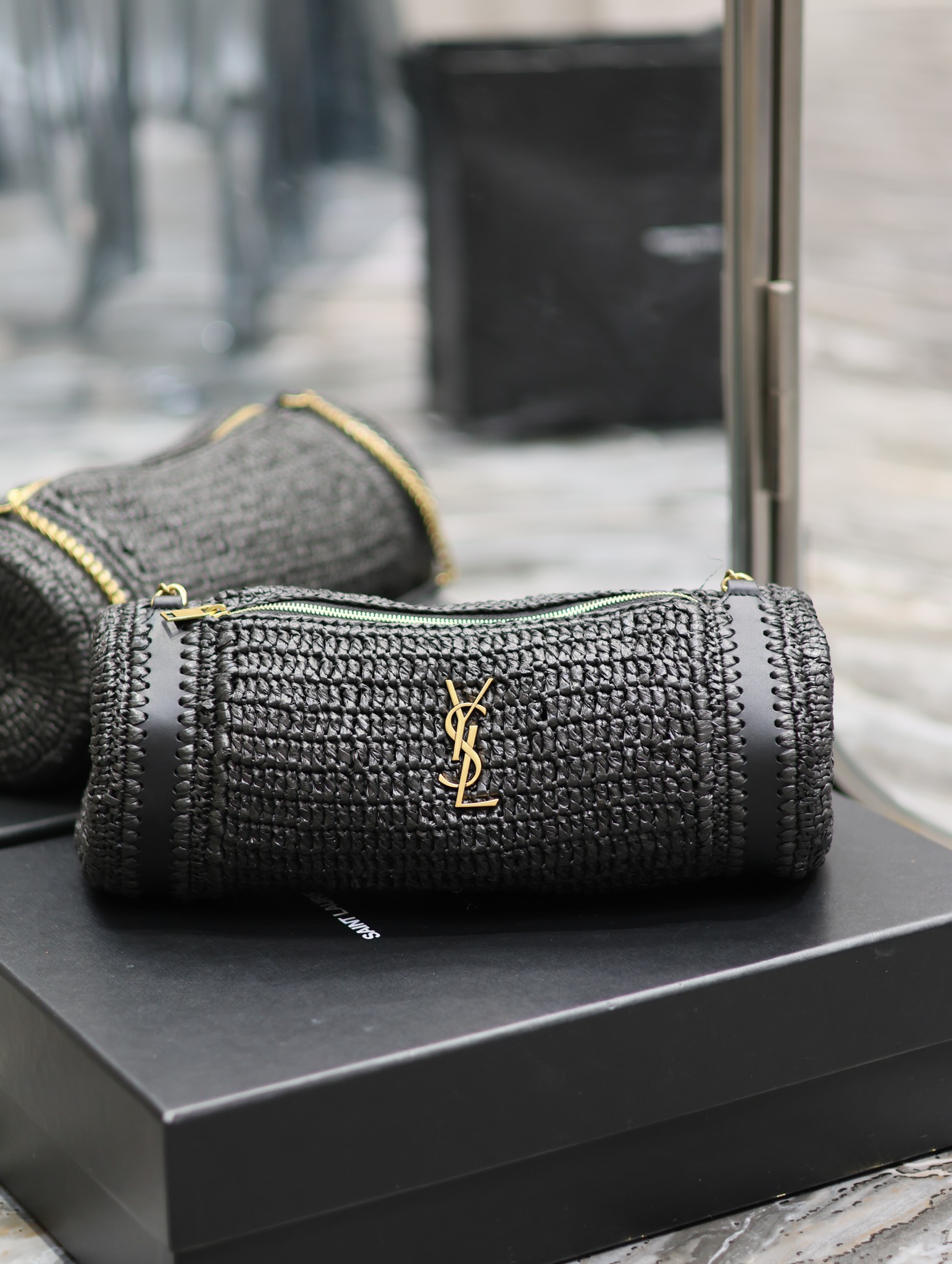 [TOP] Yves Saint Laurent YSL SADE_Raffia Straw Craft Cylinder Bag - Two Colors