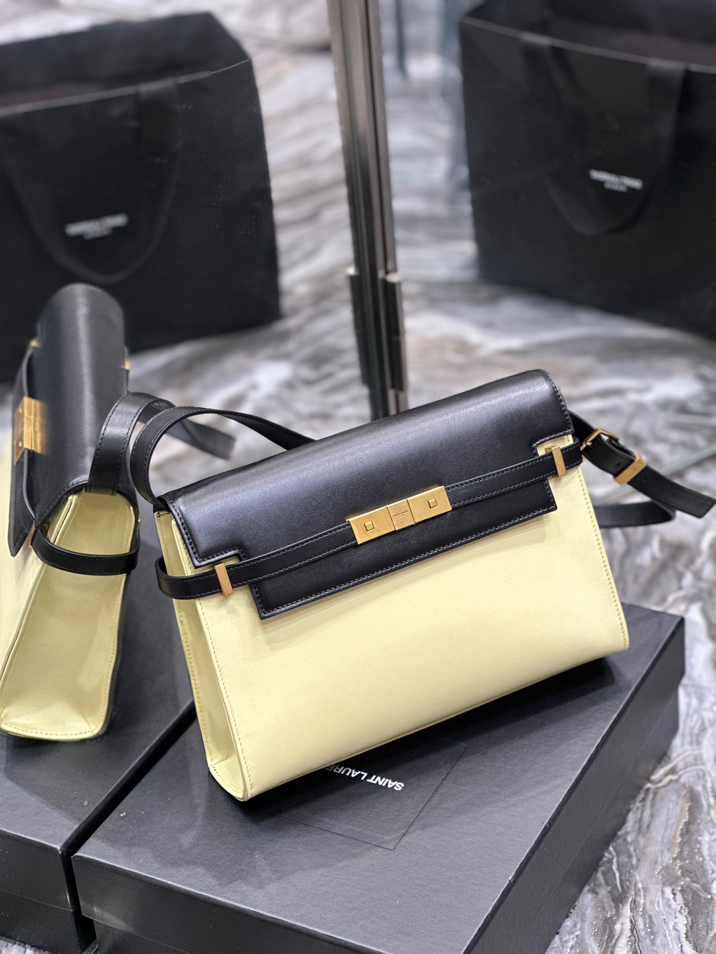 [TOP] Yves Saint Laurent YSL Manhattan Gold Buckle Bag - Black & Beige
