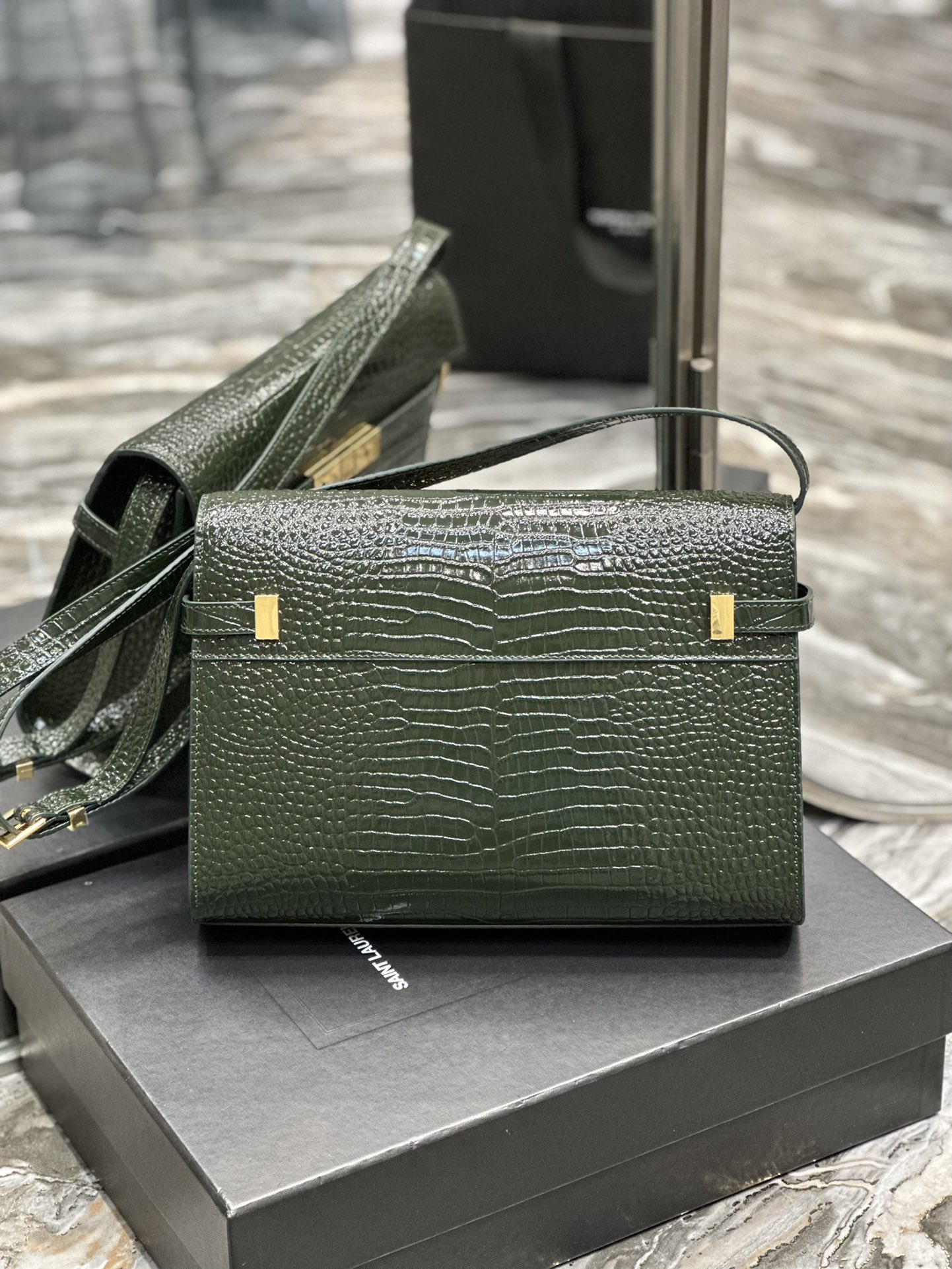 [TOP] Yves Saint Laurent YSL Manhattan  Crocodile Leather Bag - Dark Green