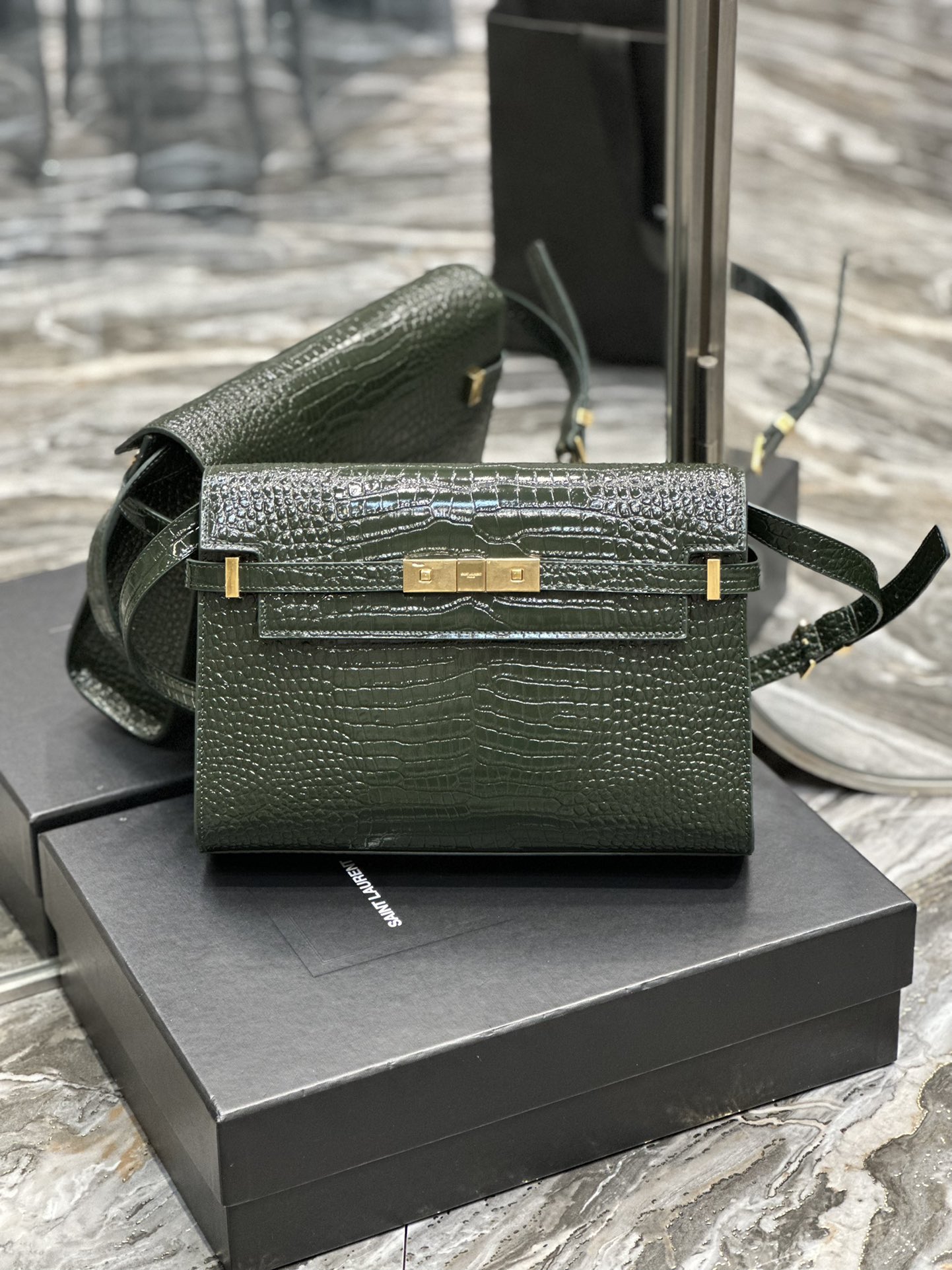 [TOP] Yves Saint Laurent YSL Manhattan  Crocodile Leather Bag - Dark Green
