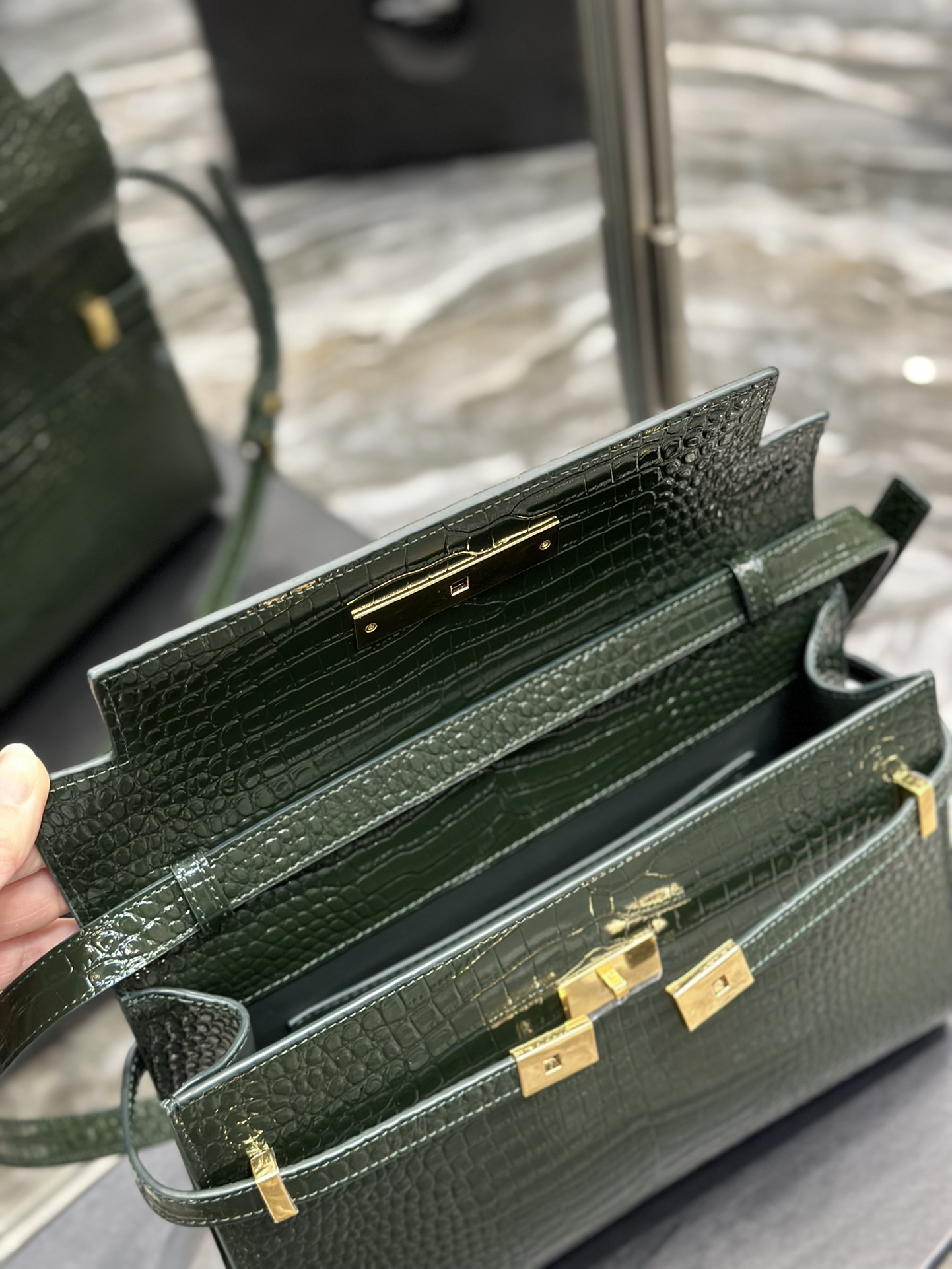 [TOP] Yves Saint Laurent YSL Manhattan  Crocodile Leather Bag - Dark Green