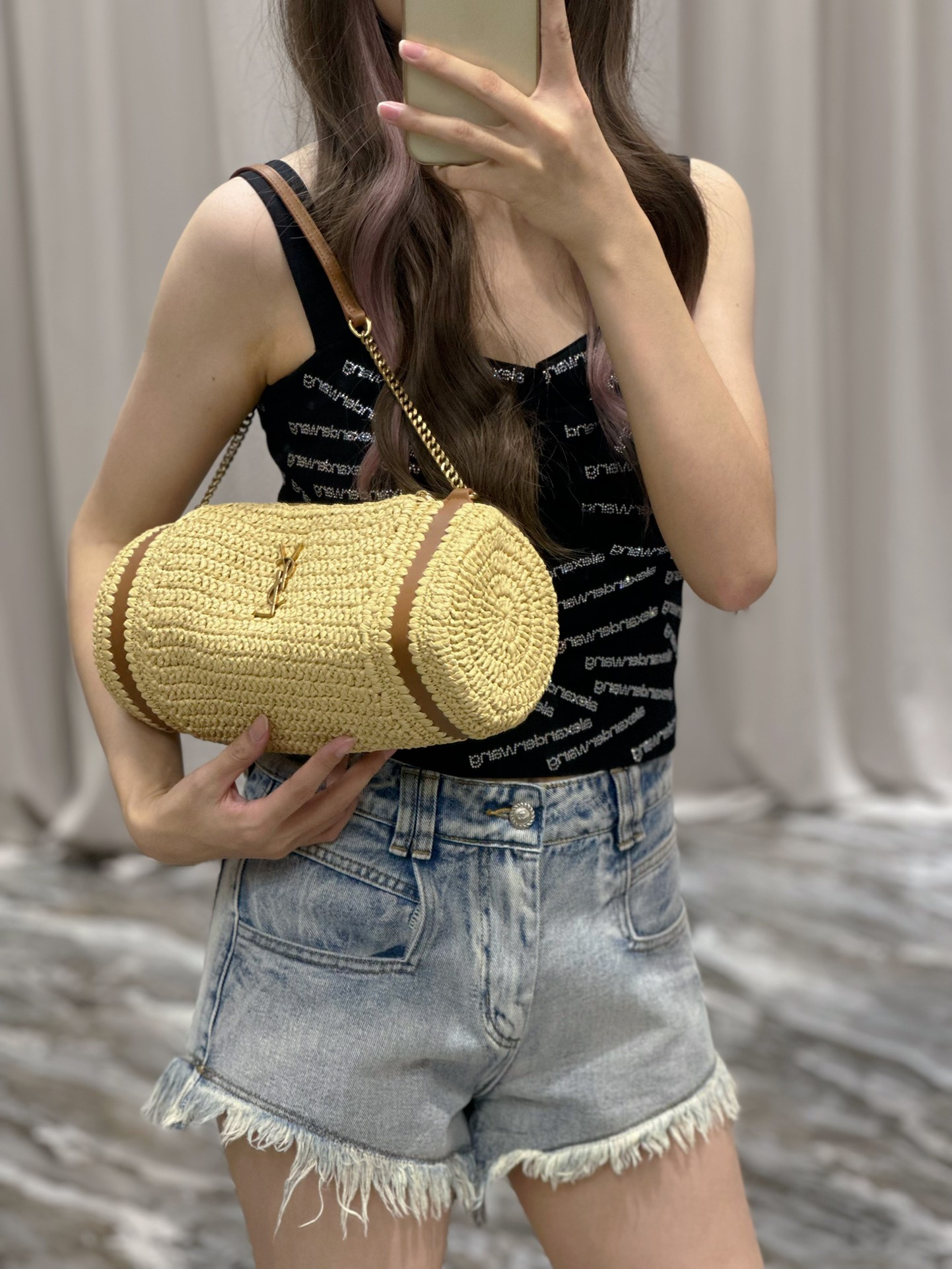 [TOP] Yves Saint Laurent YSL SADE_Raffia Straw Craft Cylinder Bag - Two Colors