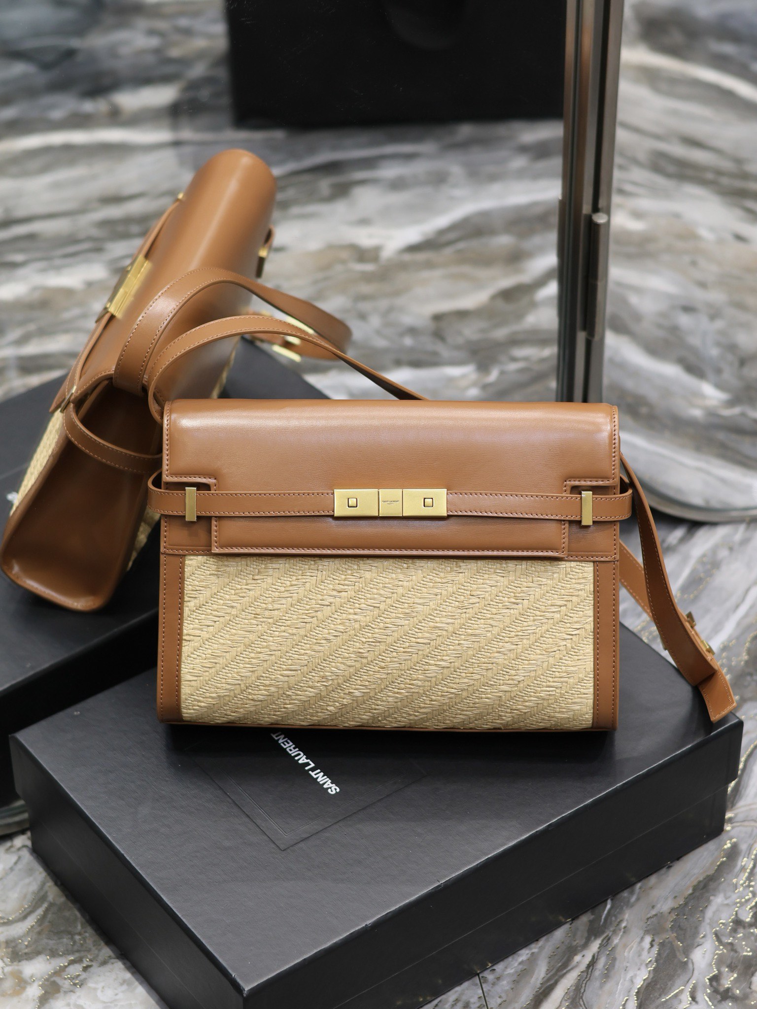 [TOP] Yves Saint Laurent YSL Manhattan Flip Top Baguette Weaving Bag - Natural Yellow