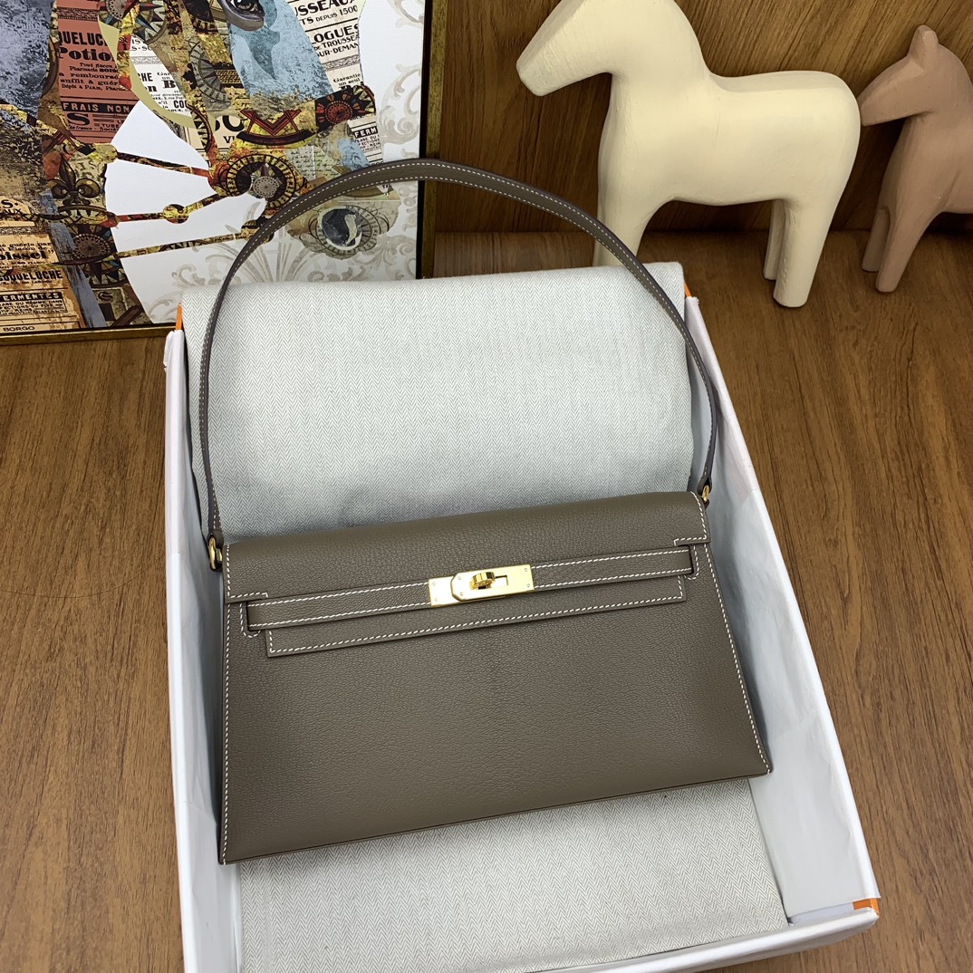 [TOP] HERMES Kelly Elan Chevre Leather Armpit Bag 27cm - Elephant Gray - GHW/SHW