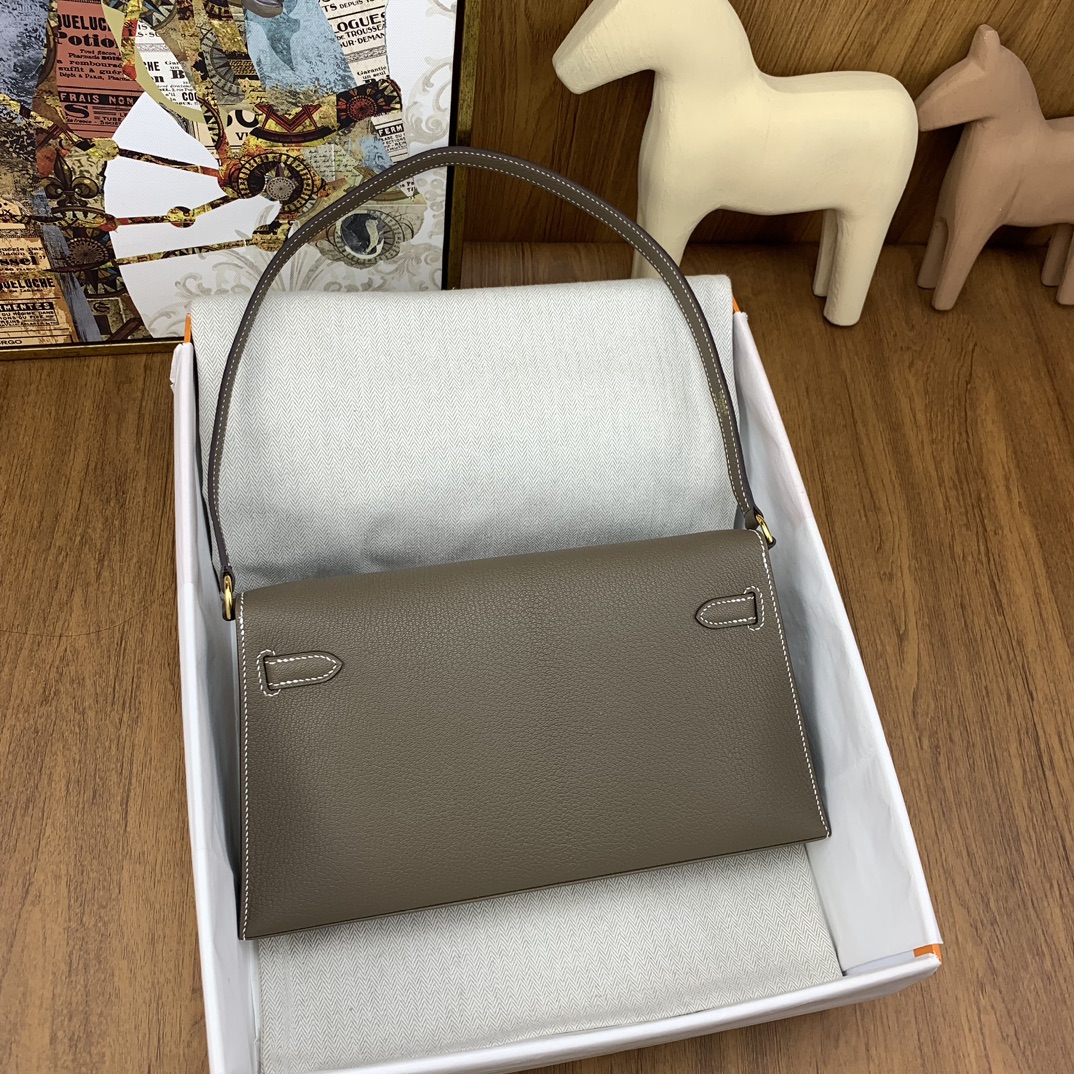 [TOP] HERMES Kelly Elan Chevre Leather Armpit Bag 27cm - Elephant Gray - GHW/SHW