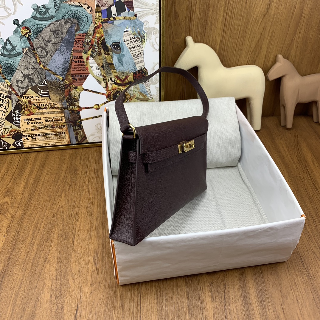 [TOP] HERMES Kelly Elan Chevre Leather Armpit Bag 27cm - Saddle Red - GHW/SHW