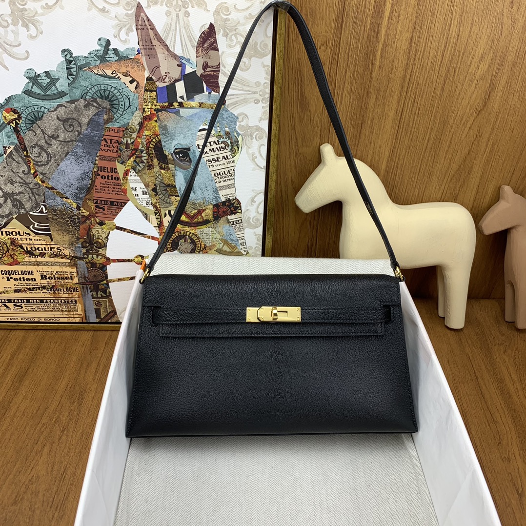 [TOP] HERMES Kelly Elan Chevre Leather Armpit Bag  27cm - Black- GHW/SHW