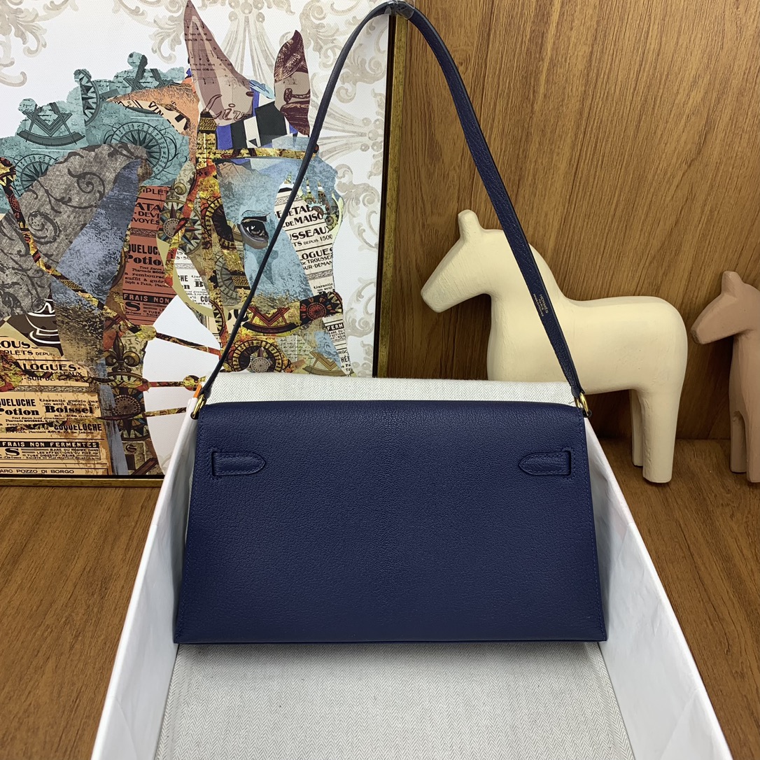 [TOP] HERMES Kelly Elan Chevre Leather Armpit Bag 27 cm - Sapphire Blue GHW/SHW