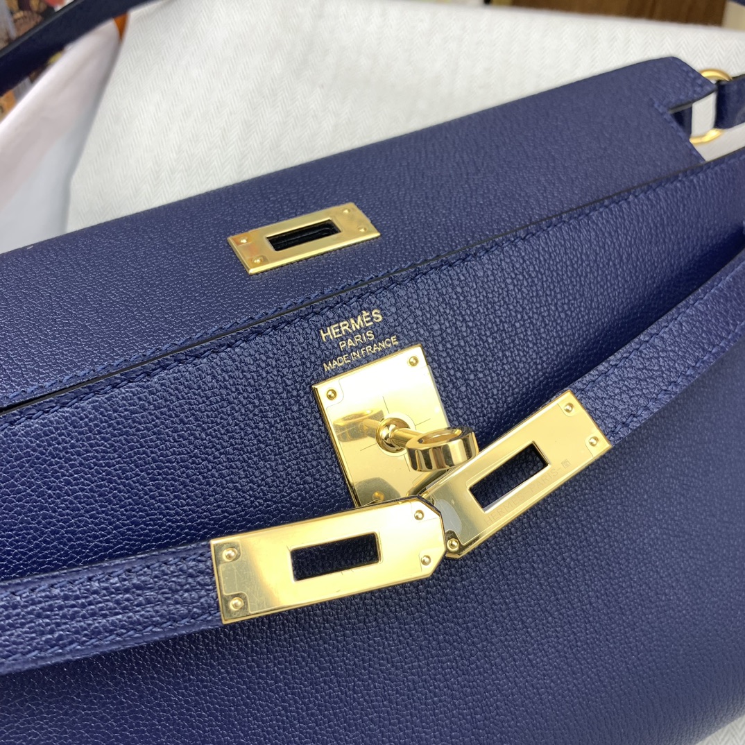[TOP] HERMES Kelly Elan Chevre Leather Armpit Bag 27 cm - Sapphire Blue GHW/SHW