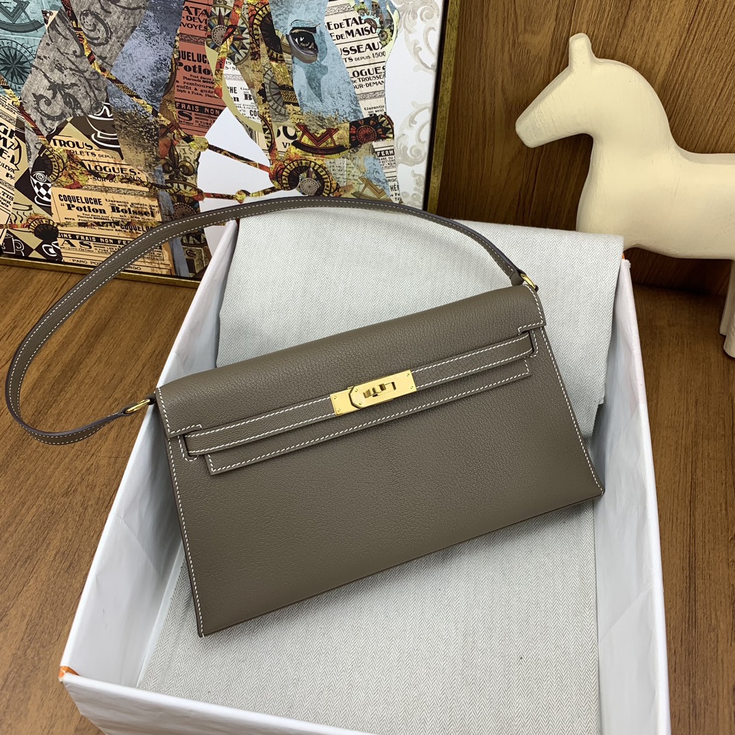[TOP] HERMES Kelly Elan Chevre Leather Armpit Bag 27cm - Elephant Gray - GHW/SHW