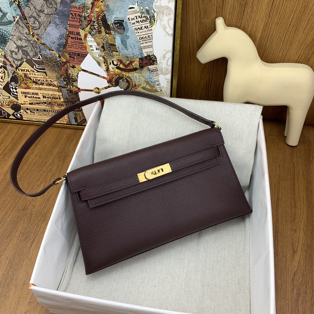 [TOP] HERMES Kelly Elan Chevre Leather Armpit Bag 27cm - Saddle Red - GHW/SHW