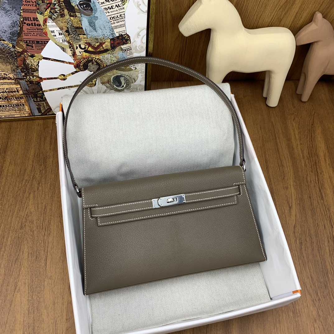 [TOP] HERMES Kelly Elan Chevre Leather Armpit Bag 27cm - Elephant Gray - GHW/SHW