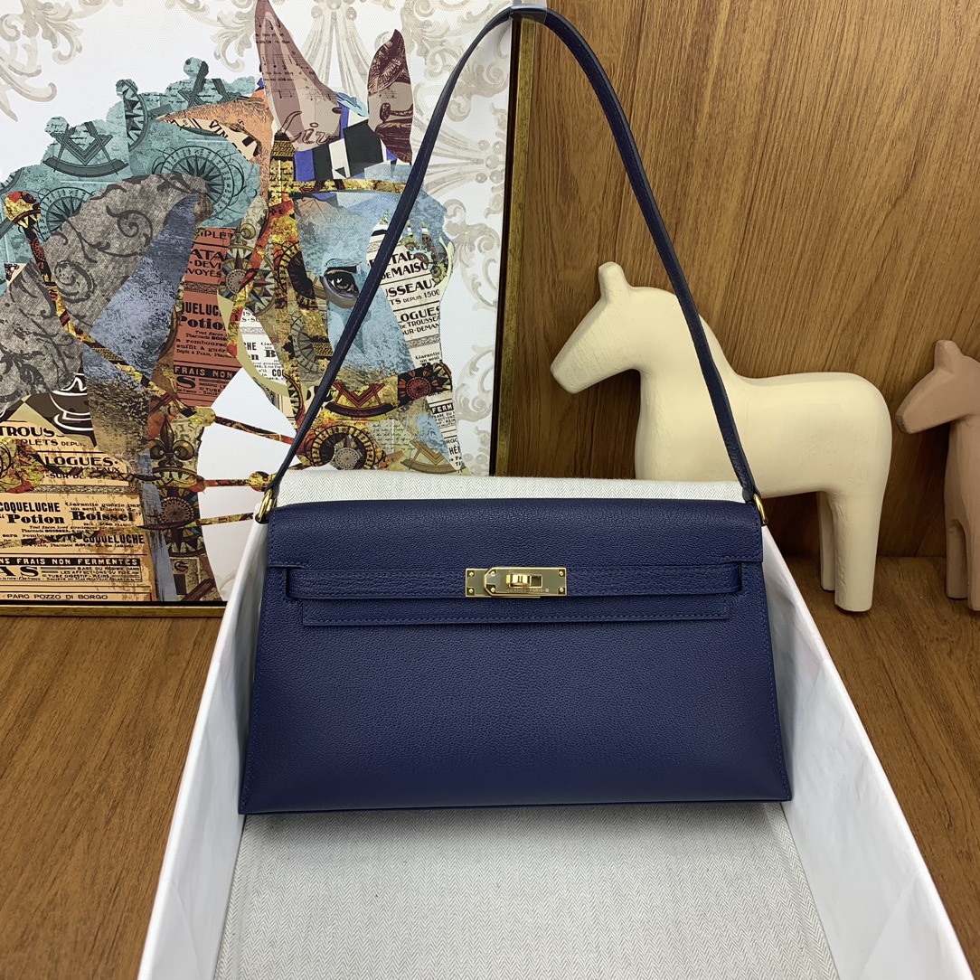 [TOP] HERMES Kelly Elan Chevre Leather Armpit Bag 27 cm - Sapphire Blue GHW/SHW