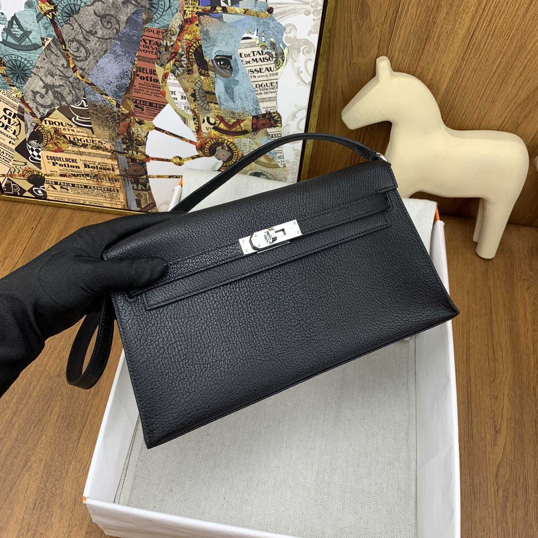 [TOP] HERMES Kelly Elan Chevre Leather Armpit Bag  27cm - Black- GHW/SHW