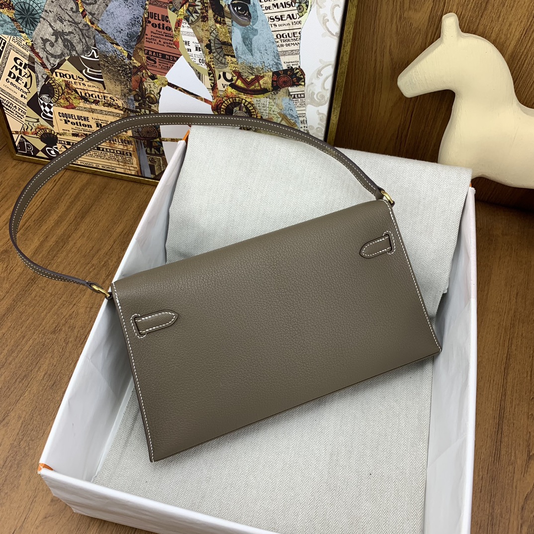 [TOP] HERMES Kelly Elan Chevre Leather Armpit Bag 27cm - Elephant Gray - GHW/SHW