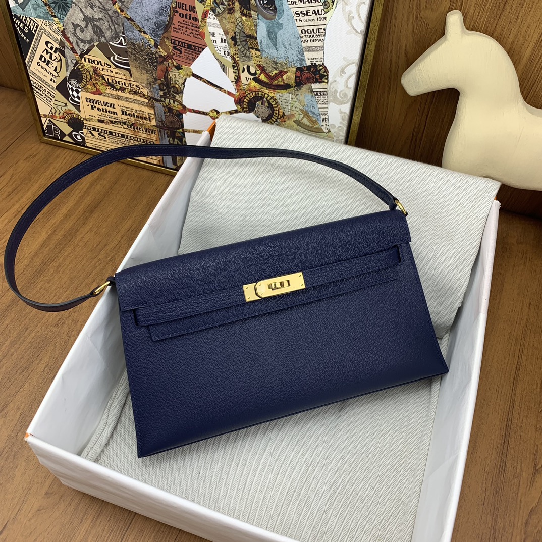 [TOP] HERMES Kelly Elan Chevre Leather Armpit Bag 27 cm - Sapphire Blue GHW/SHW