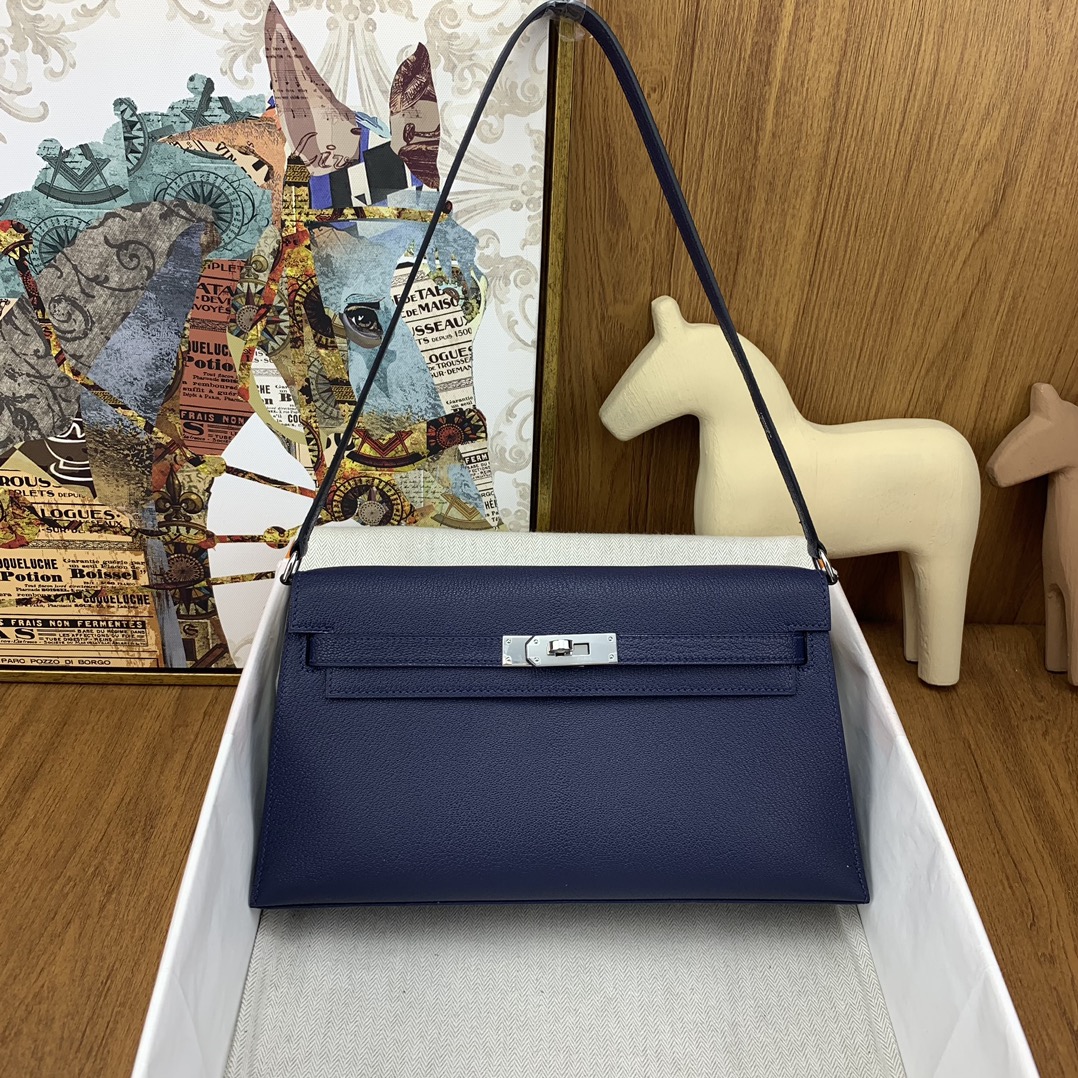 [TOP] HERMES Kelly Elan Chevre Leather Armpit Bag 27 cm - Sapphire Blue GHW/SHW