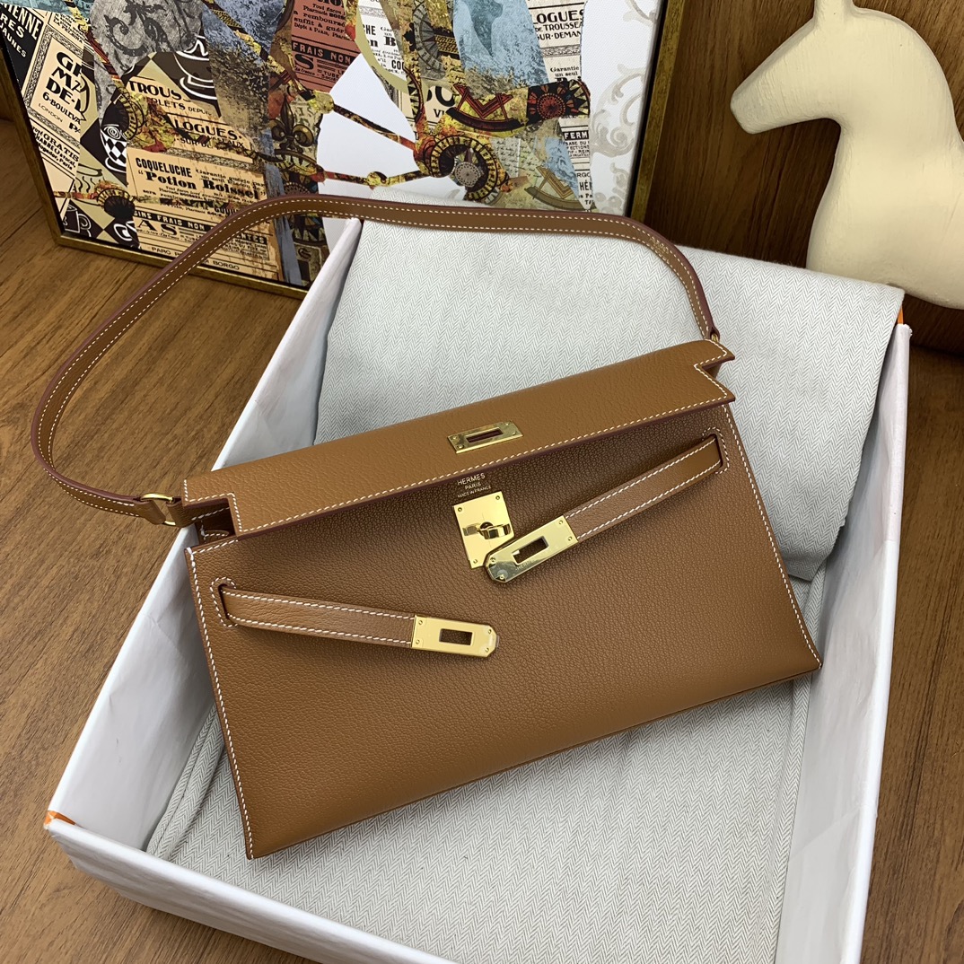 [TOP] HERMES Kelly Elan Chevre Leather Armpit Bag 27 cm - Golden Brown - GHW/SHW