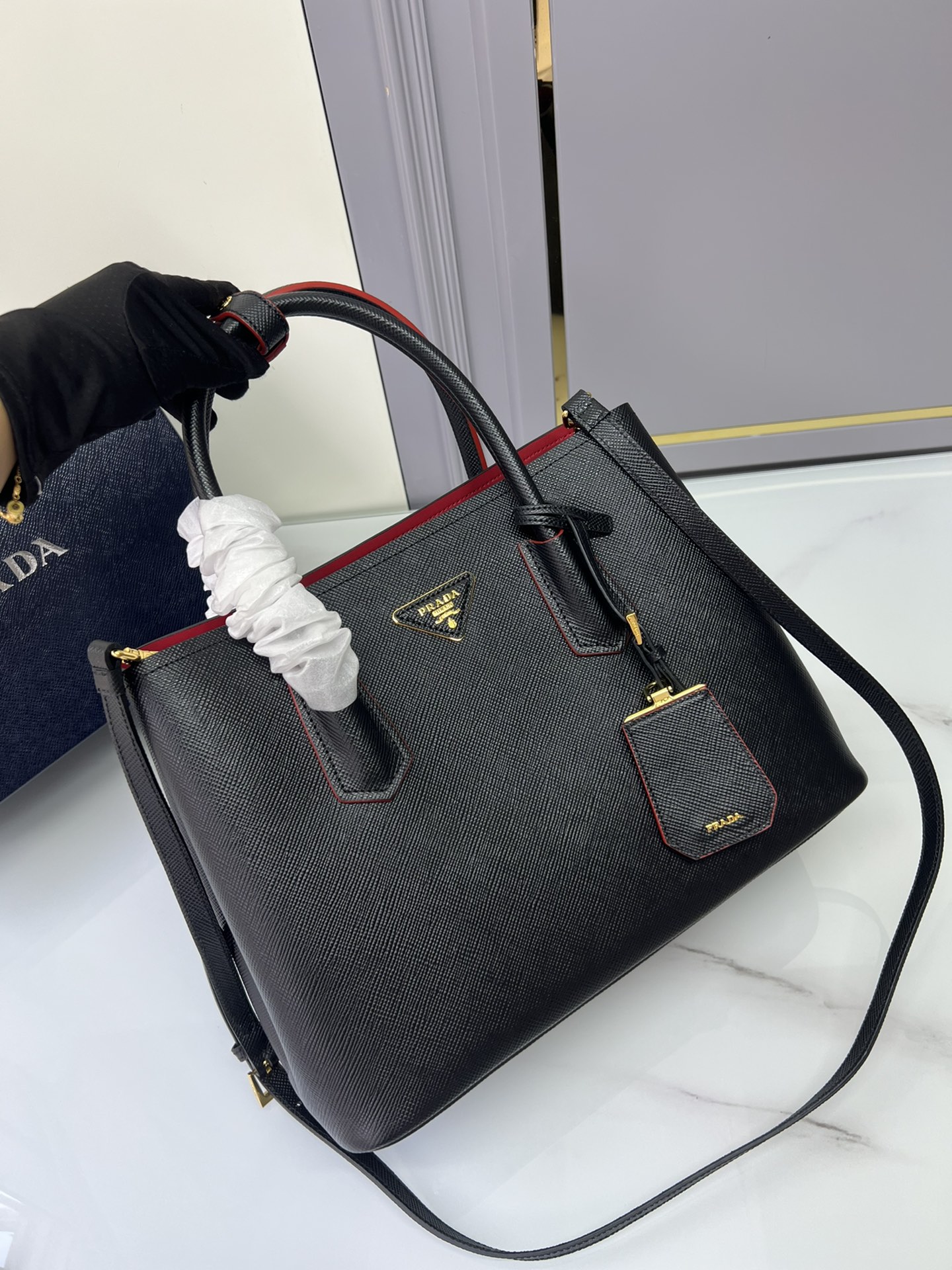[TOP] PRADA Galleria Bag Saffiano leather Pepper Shopping Bag Micro 33X25X14.5 CM - Black