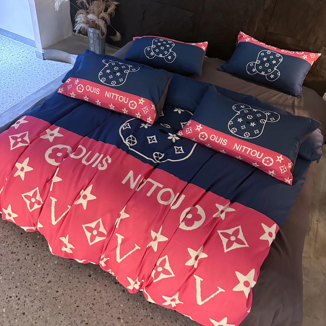 [TOP] Louis Vuitton LV Double-sided Brushed Digital Printing Four-piece Set - Pink and Blue