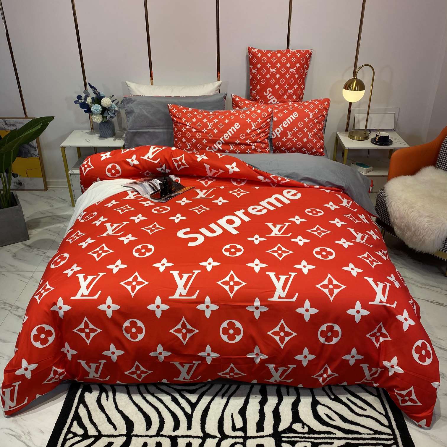 [TOP] Louis Vuitton LV Cotton Printing Four-piece Set - Red