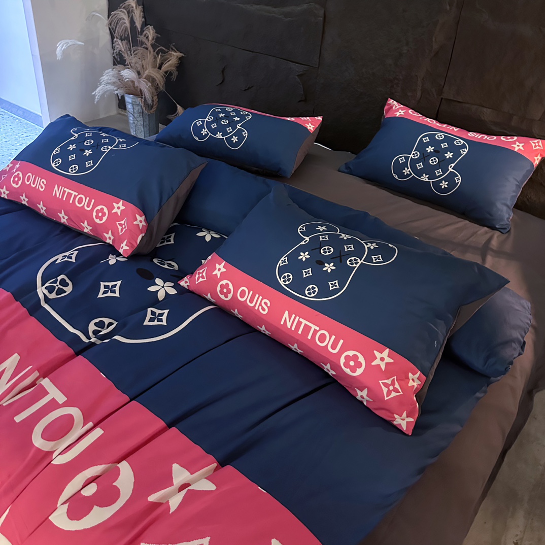 [TOP] Louis Vuitton LV Double-sided Brushed Digital Printing Four-piece Set - Pink and Blue