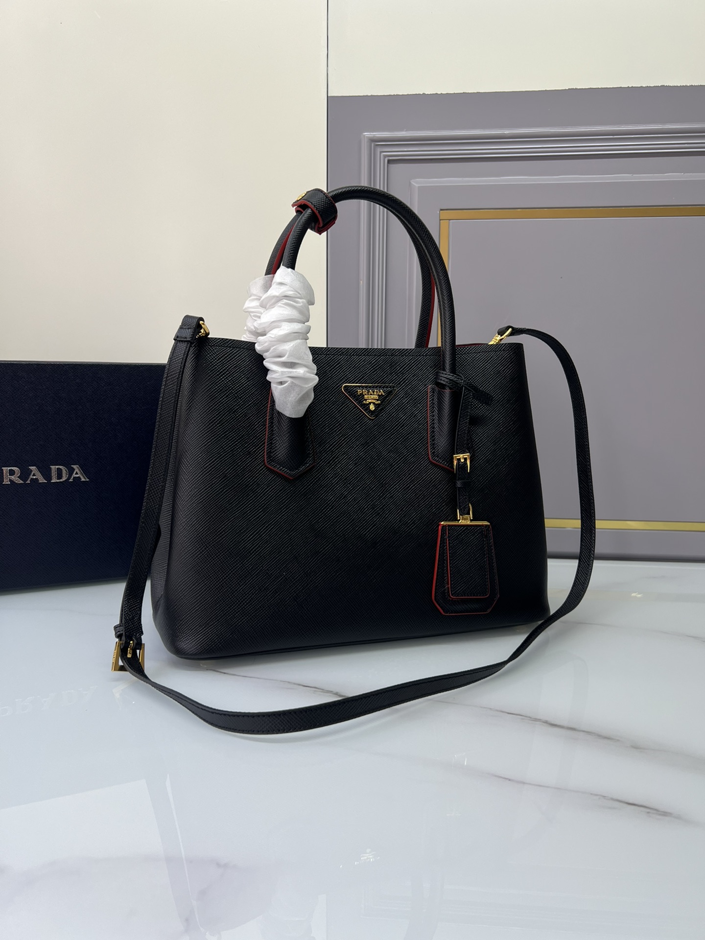 [TOP] PRADA Galleria Bag Saffiano leather Pepper Shopping Bag Micro 33X25X14.5 CM - Black