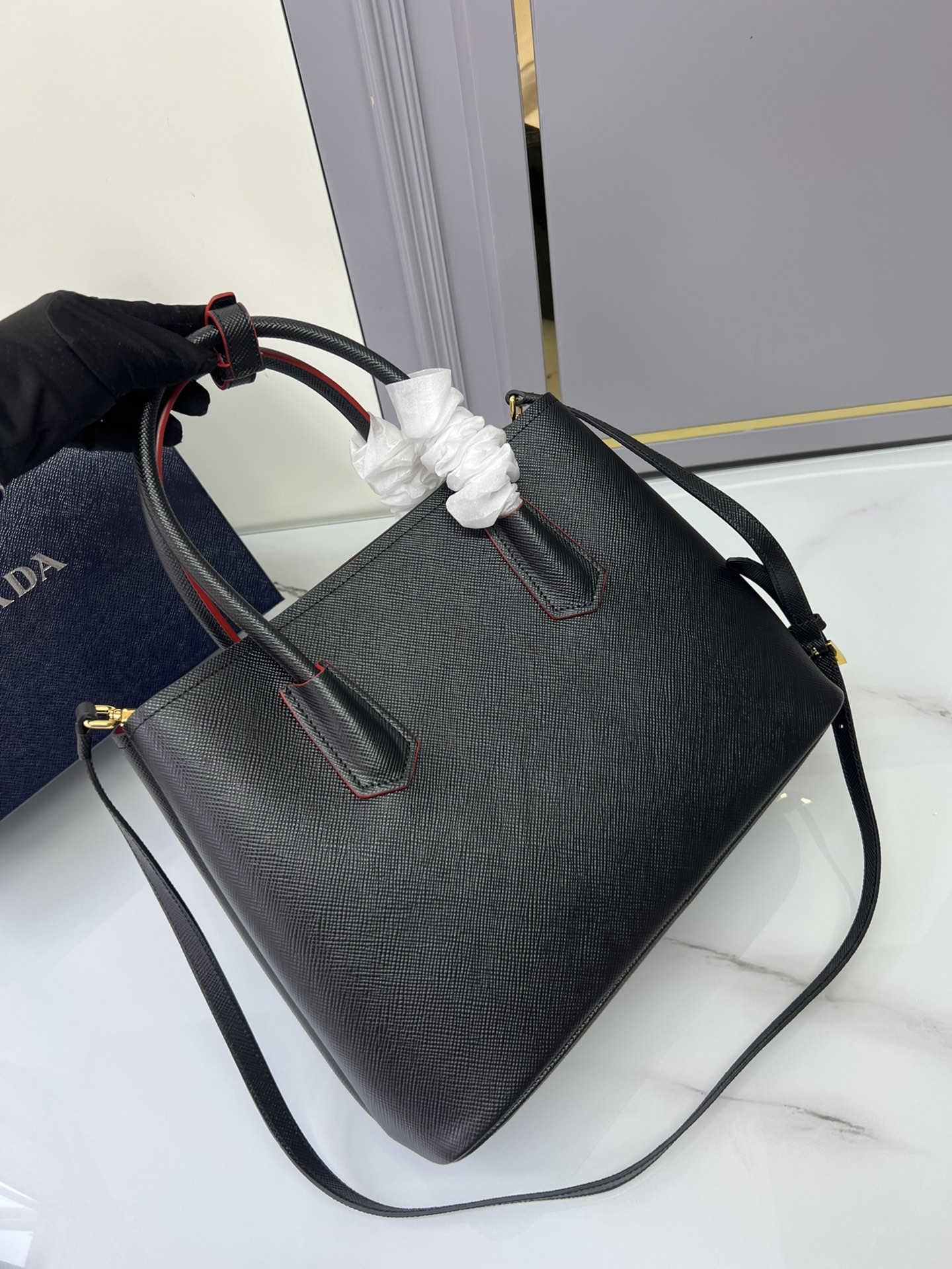 [TOP] PRADA Galleria Bag Saffiano leather Pepper Shopping Bag Micro 33X25X14.5 CM - Black