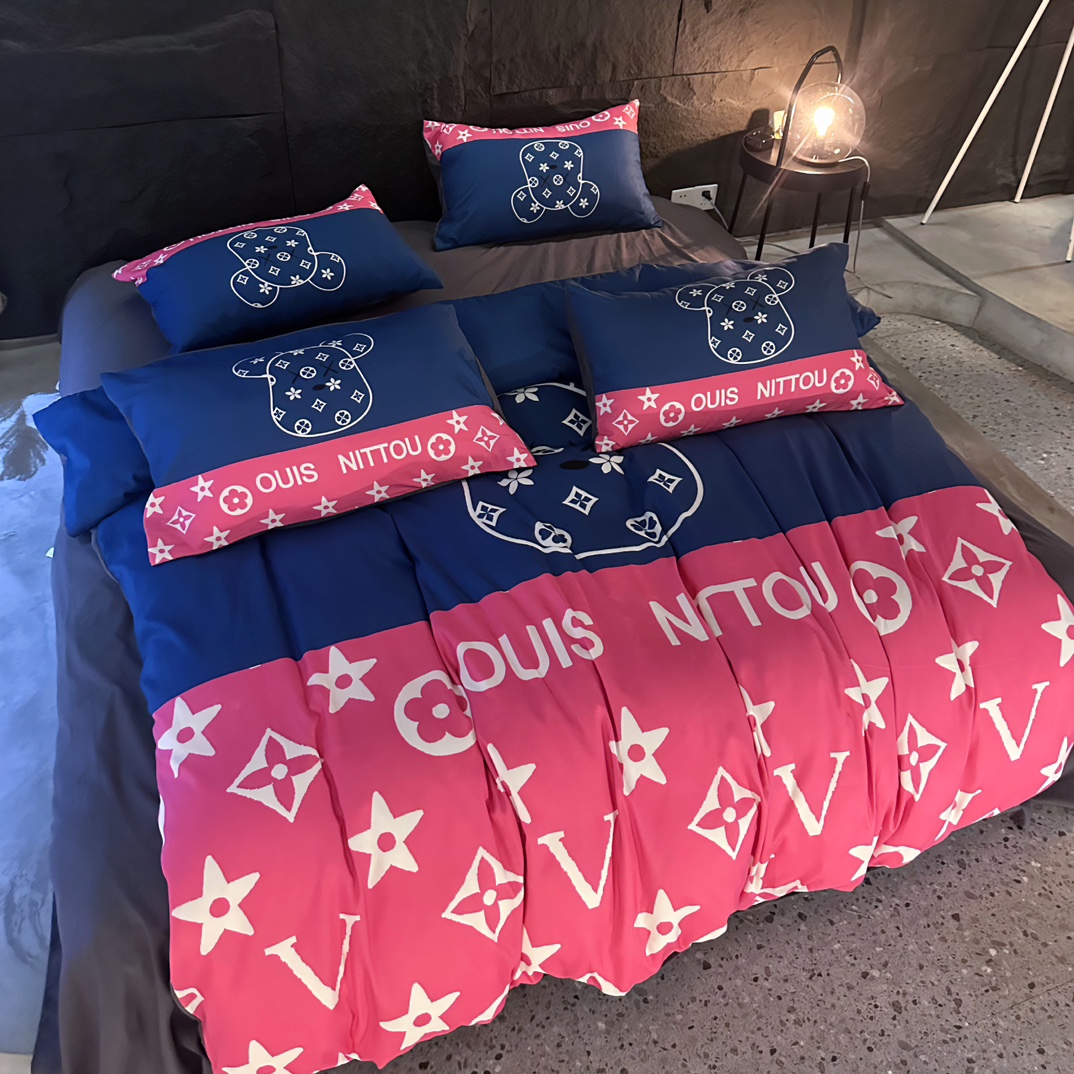 [TOP] Louis Vuitton LV Double-sided Brushed Digital Printing Four-piece Set - Pink and Blue