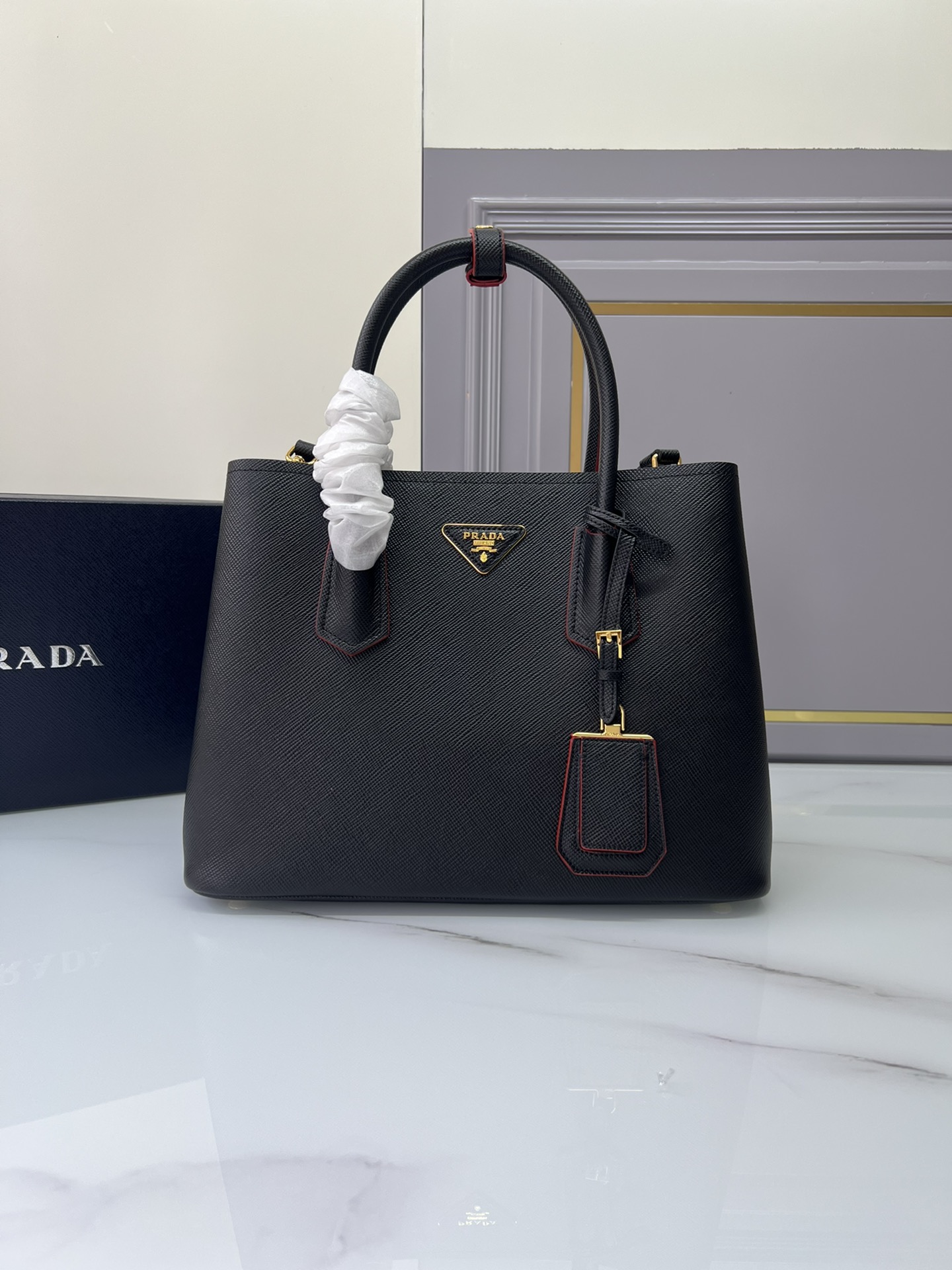 [TOP] PRADA Galleria Bag Saffiano leather Pepper Shopping Bag Micro 33X25X14.5 CM - Black