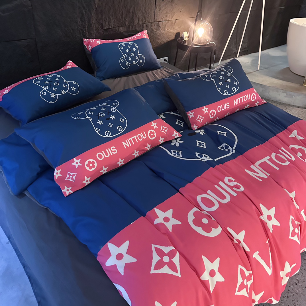 [TOP] Louis Vuitton LV Double-sided Brushed Digital Printing Four-piece Set - Pink and Blue