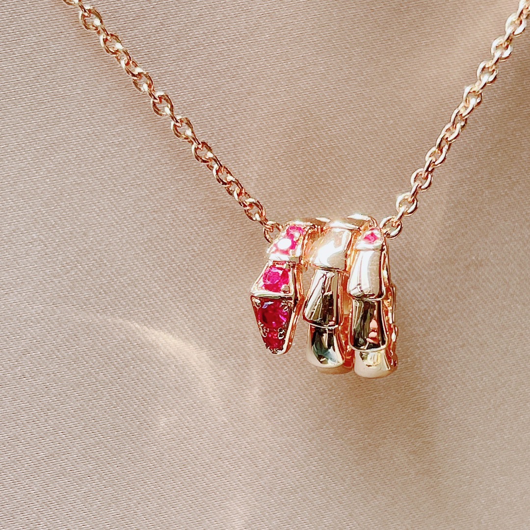 [TOP] BVLGARI Diamond Snake Bone Necklace - Rose Gold with Rose Pink