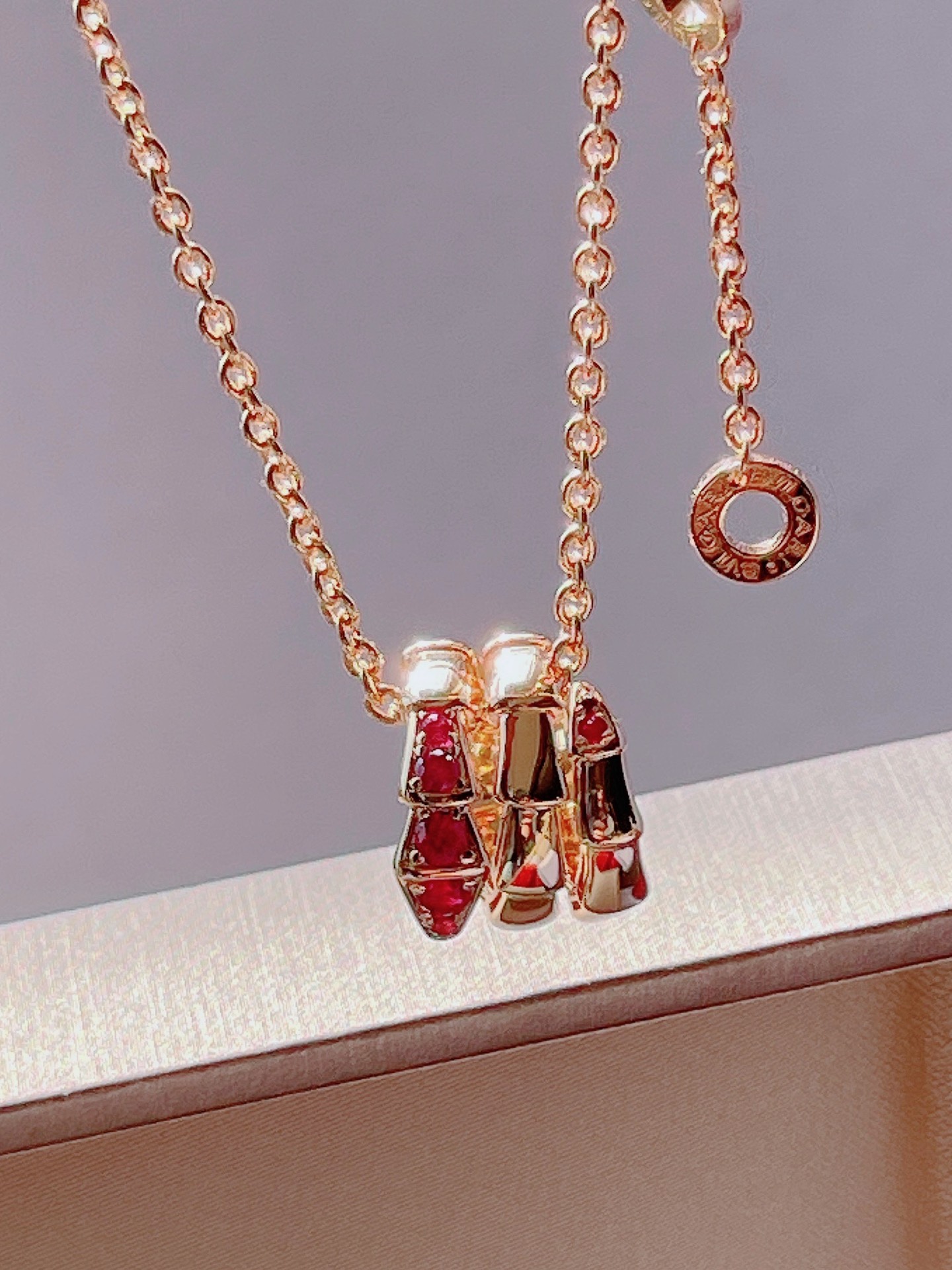 [TOP] BVLGARI Diamond Snake Bone Necklace - Rose Gold with Rose Pink